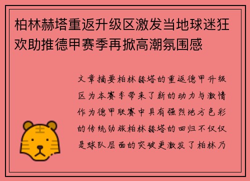 柏林赫塔重返升级区激发当地球迷狂欢助推德甲赛季再掀高潮氛围感
